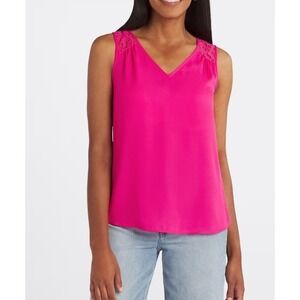 Fortune & Ivy Coral V-Neck Sleeveless Tank‎ Top Hot Pink Lace Detail Size Medium